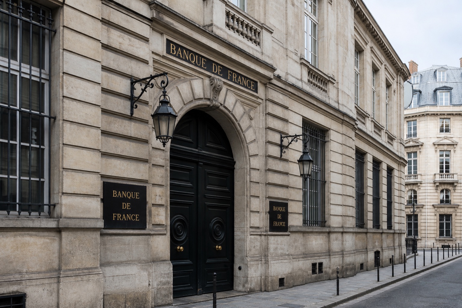 Façade de pierre d’une institution financière à Paris.