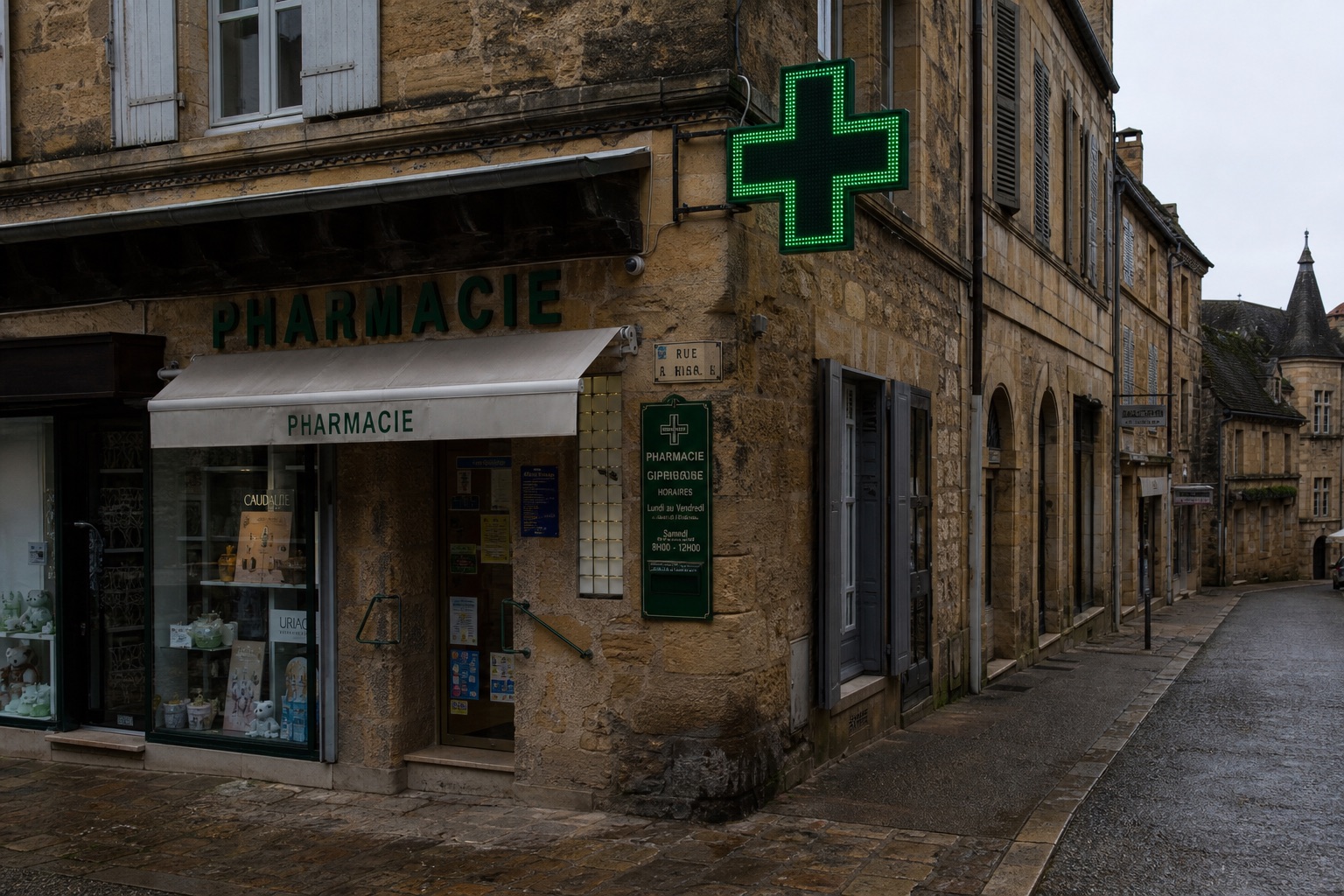 Devanture d’une pharmacie dans une rue de pierre, en Dordogne.