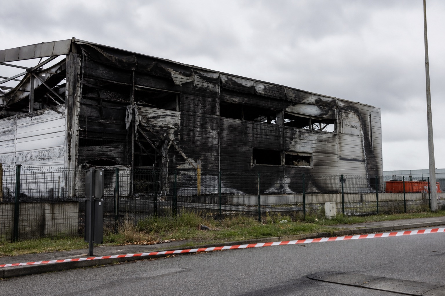 Entrepôt industriel endommagé en périphérie de Rouen.